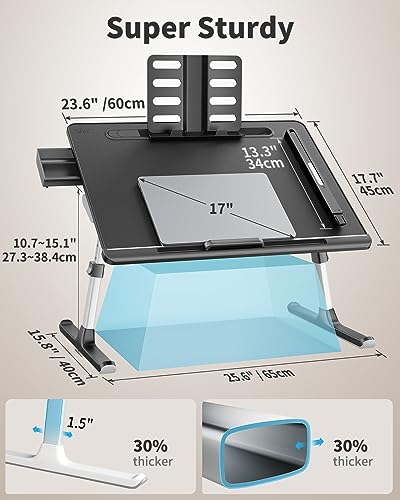 Laptop Bed Tray Desk with LED Desk Light, SAIJI Adjustable Laptop Stand for Bed, XX-Large PVC Leather Foldable Laptop Table with Book Stand,Wrist Rest, Extra Leg Room(Black)