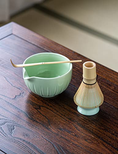 TANG PIN Matcha Set - Match Bowl with Spout and Whisk, 15 OZ, Matcha Scoop | Matcha Whisk Stand (Chasen Holder) - 4pc Perfect Matcha Kit for Matcha Tea Ceremony (Green)