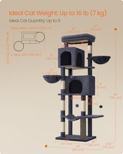 Feandrea Cat Tree, 69-Inch Tall Cat Tower for Indoor Cats, Multi-Level Cat Condo with 2 Caves, 2 Baskets, 5 Scratching Posts, Self-Groomer, Perch, Hammock, Dark Gray UPCT182G02