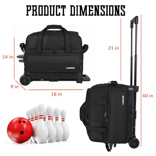 LARIPOP Dual Roller 2-Ball Bowling Bag, Featuring a Separate Large Shoe Compartment Capable of Accommodating Bowling Shoes, a 3-Section Telescopic Handle that Extends Up to 40" Designed for Travel.