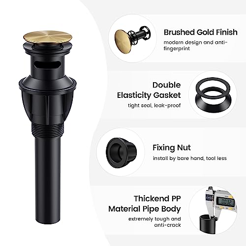 Bathroom Sink Drain with Overflow, Hurran Universal Bathroom Sink Stopper for Bathroom Vanity Vessel Sink, Rapid Draining Plastic Pop-up Sink Drain with Hair Catcher Anti-Clog Strainer, Brushed Gold