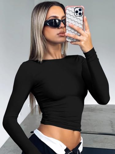 Womens Sexy Basic T Shirts Tops, Long Sleeve Crewneck Slim Fit Going Out Tight Trendy Tees Crop Top Blouses. Black