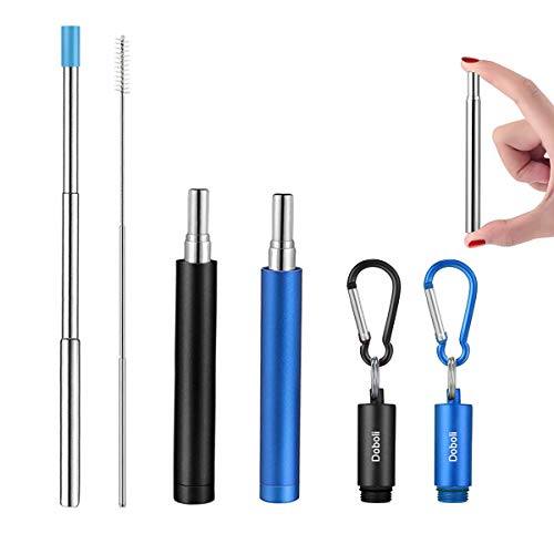 2 Pack Reusable Metal Straws Collapsible Stainless Steel Drinking Straw Travel Portable Telescopic Straw with Case,2 Cleaning Brushes Included Black/Blue