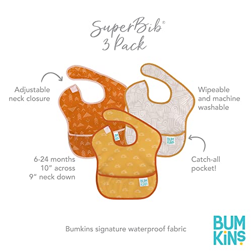 Bumkins Bibs for Girl or Boy, SuperBib Baby and Toddler for 6-24 Months, Essential Must Have for Eating, Feeding, Baby Led Weaning Supplies, Mess Saving Catch Food, Waterproof Fabric 3-pk Desert Boho