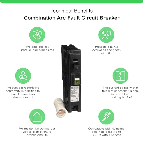 Square D by Schneider Electric Homeline 15 Amp Mini Circuit Breaker, 1 Pole, 120V AC, 10kA Breaking Capacity, Plug in Mount, CAFI/CAFCI, Pigtail Neutral Residential Use (HOM115CAFIC)