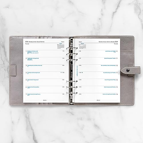 Filofax Calendar Diary Refill, A5 Size, Week on One Page, White Paper, Unruled, Multilingual: Four Languages, 2024 (C68517-24)