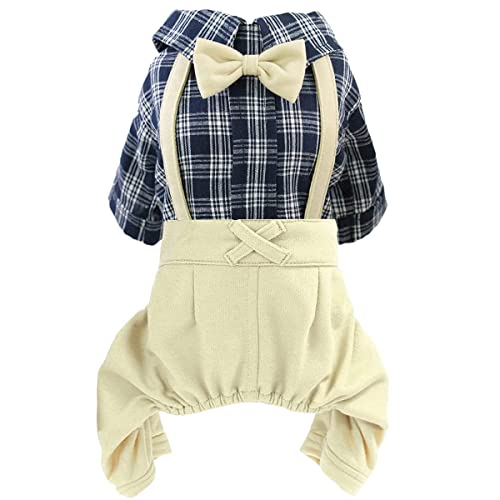 Pet Clothes Dog Shirts Classic Plaid Striped Overall Jumpsuit, Gentle Puppy Wedding Birthday Western Onesies Apparel, Fashion Daily Outfit with Bowtie for Dogs and Cats (X-Small, Khaki)