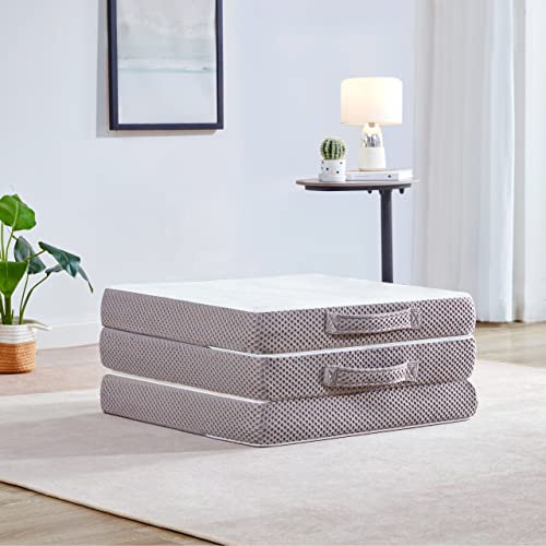 Kingfun Memory Foam Folding Mattress,Gel-Infused Foldable Floor Mattress, Breathable Tri-fold Mattress Topper with Bamboo Cover, Soft Folding Foldable Portable Floor Guest Bed (4in, Twin XL)