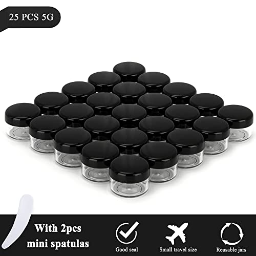 25PCS 5 Gram Sample Containers, 5ml Empty Jars with Lids, Small Cosmetic Containers, Mini Sample Jars with 2PCS Mini Spatulas for Make Up, Oils, Lotion, Powder, Paint, Jewelry, Lip Balms(Black Lid)