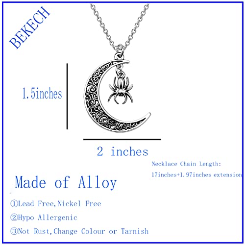 BEKECH Spider Lovers Gift Spider Charm Crescent Moon Necklace Halloween Spider Costume Jewelry for Spider Insect Lover