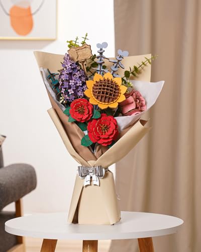 Rowood Artifical Flowers,Wooden Flower Bouquet Building Sets for Adults,Botanical Collection,Mothers Day/Valentine's Day/Christmas/Birthday Gift for Women/Mom/Her,DIY Craft Kit Unique Home Decor-TW01H