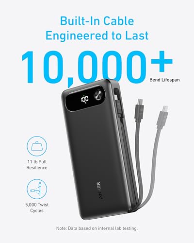 Anker Power Bank, 20,000mAh Portable Charger with Built-in USB-C Cable, 87W Max Fast Charging Battery Pack for Laptop, 2 USB-C and 1 USB-A, for MacBook, iPhone 16/15 Series, Samsung, Switch, and More