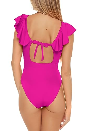 Trina Turk Women's Standard Monaco Ruffle One Piece Swimsuit, Plunge Neck, Bathing Suits, Guitar Green