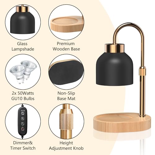 Candle Warmer Lamp with 2 Bulbs,seenlast Candle Warmer with Dimmer Adjustable Height, Electric Wax Warmer Vintage Home Decor,2/4/8H Timer,Wax Melt Warmer for Scented Jar Candles