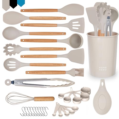 Home Hero 33 Pcs Silicone Kitchen Utensils Set, Non-Stick Silicone Cooking Utensils Set with Spatula, Wooden Handle Spatula, Silicone Kitchen Gadgets Utensil Set (33 Pcs - Khaki)