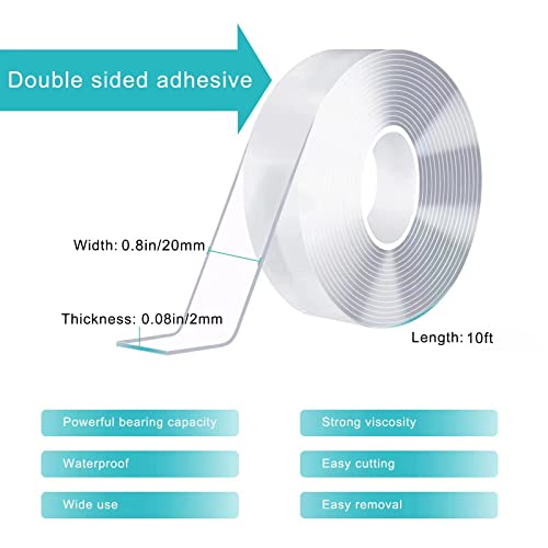 Ohayooz Extra Strong Double Sided Tape Heavy Duty Removable 10FT, Clear Sticky Adhesive Nano Tape Tough Washable Waterproof Mounting Tape for Hanging Picture, Poster, Carpet, Photo Deco