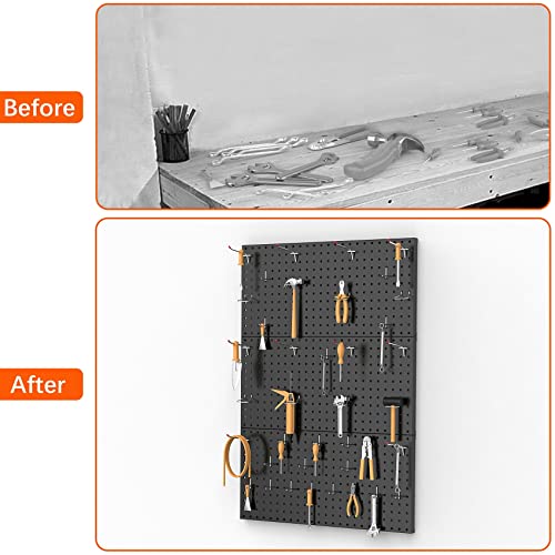 TORACK 3Pcs Metal Pegboard Panels for Wall Garage Utility Tools Pegboard Storage System for Workbench, Shop, Shed Modular Peg Board Organizer Board Kit(Pack of 3, Black)
