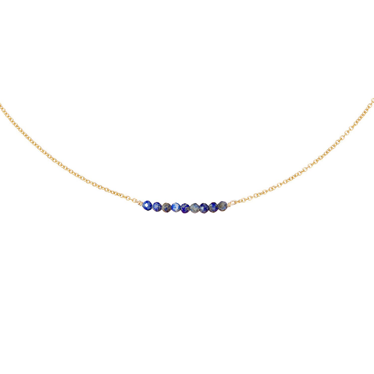 DeScount Dainty Beaded Lapis Bar Necklace,September Birthstone Necklace,18K Gold Plated Handmade Faceted Lapis Stone Beads Bar Boho Necklaces for Women