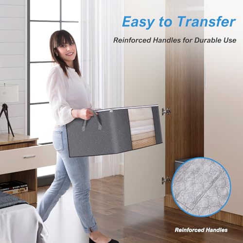 3 Pack 100L foldable storage bags for clothes,closet organizers and storage containers for Clothing,under bed clothes storage bins with Handle,Clear Window,Sturdy Zipper for Bedroom,Stale grey