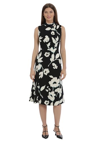 Maggy London Women's Plus Size High Neck Empire Waist Midi Dress Career Workwear, Bloom-Black/Cream