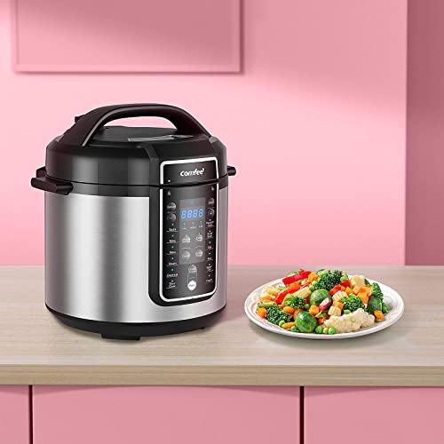 COMFEE’ Pressure Cooker 6 Quart with 12 Presets, Multi-Functional Programmable Slow Cooker, Rice Cooker, Steamer, Sauté pan, Egg Cooker, Warmer and More