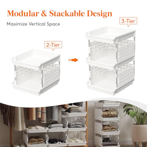 Lifewit Plastic Stackable Storage Baskets, 3 Tier Stacking Bins for Closet Wardrobe, Playroom, Kitchen and Pantry Organization, Large Capacity Multi-Functional Storage Containers Shelves, White