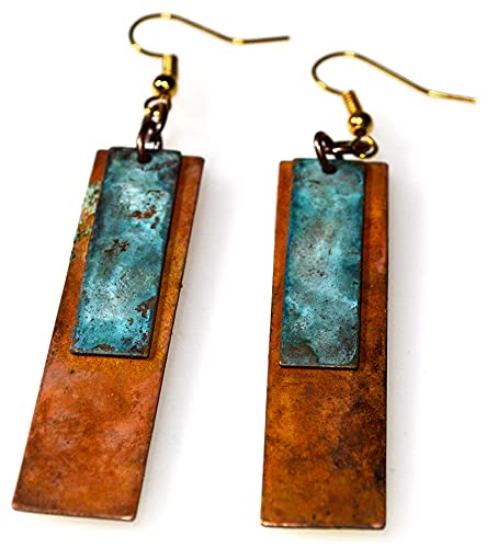 Elaine Coyne Verdigris and Earth Patina Bohemian Chic Elongated Rectangle Earrings