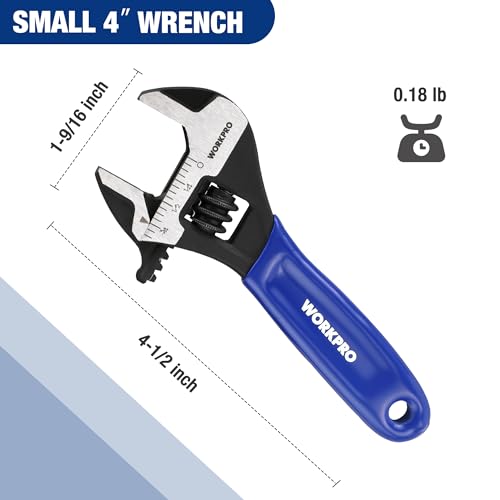 WORKPRO 4-Inch Adjustable Wrench, Cr-V Steel Wrench, Wide Jaw Black Oxide Wrench, Metric & SAE Scales, for Home, Garage, Workshop and DIY