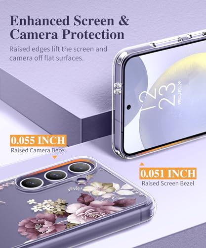 GVIEWIN for Samsung Galaxy S24 Case Floral, with Screen Protector & Camera Lens Protector, Hard PC&TPU Bumper Clear Shockproof Protective Women Phone Cover 6.2" (Cherry Blossoms/Purple)
