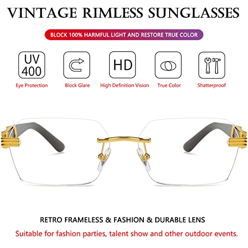 AIEYEZO Retro Rimless Sunglasses Rectangle Unisex Vintage Frameless Sun Glasses Fashion Square Tinted Glasses (Gold/Grey + Gold/Grey Gradient + Gold/Clear)