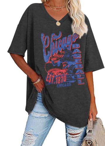 FLOYU Chicago Baseball Shirt Baseball Mama - T-Shirt Women 90's Oversized Graphic Tee Chicago Fan Shirt Blue