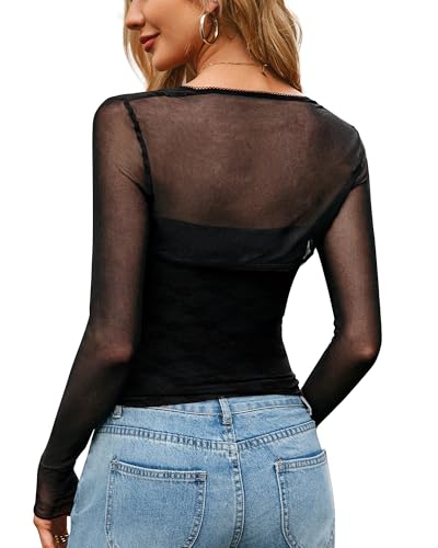 WIHOLL Womens Crop Top T Shirt Strapless Tube Top and Bolero Set Black Long Sleeve Lace Mesh Tops Slim Fit Y2k Shirt Lightweight Cardigan Party Clubwear Black S