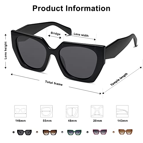 SOJOS Retro Square Cateye Polarized Sunglasses Womens Trendy Oversized Designer Shades SJ2205, Sparkle Leg, Black/Gradient Grey