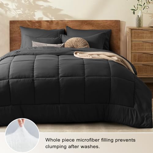 PHF 5 Pieces Twin Comforter Set Black, Bed in a Bag Comforter & 18" Sheet Set All Season, Ultra Soft Noiseless Bedding Sets with Comforter, Sheets, Pillowcase & Sham