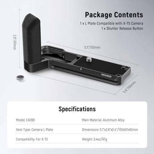 NEEWER X-T5 L Plate Handgrip, Metal L Bracket with 1/4” & 3/8” Threads, Silicone Grip, Shutter Release Button, Arca Type Baseplate for RS4 RS3 Gimbals, Compatible with SmallRig Accessories, CA099