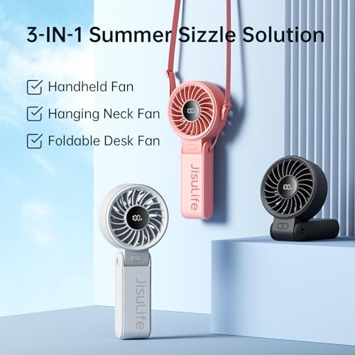 JISULIFE Handheld Fan Life7,2024 Powerful Portable Fan with LED Display,3600mAh,150°Folded,5 Speeds,Lanyard[13Hrs Max Cooling] 3-IN-1 Hand/Desk/Neck Fan,Travel Essentials Gifts for Women,Men(Black)