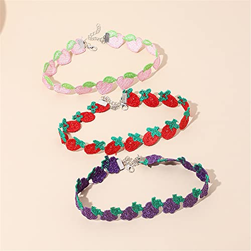 Cute Fruit Choker Necklace for Women Embroidered Strawberry Peach Grape Collar Clavicle Chain Necklace Jewelry Gift