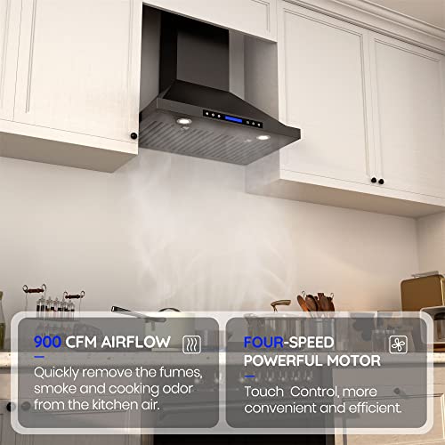 Range Hood, EKON NAP02 Black 900CFM Wall Mount Range Hood Ducted/Ductless Convertible Kitchen Chimney Vent, 4 Speeds Touch Control/Remote,Delay Shut Off Function,Dishwasher-safe Filters (NAP02-30IN)