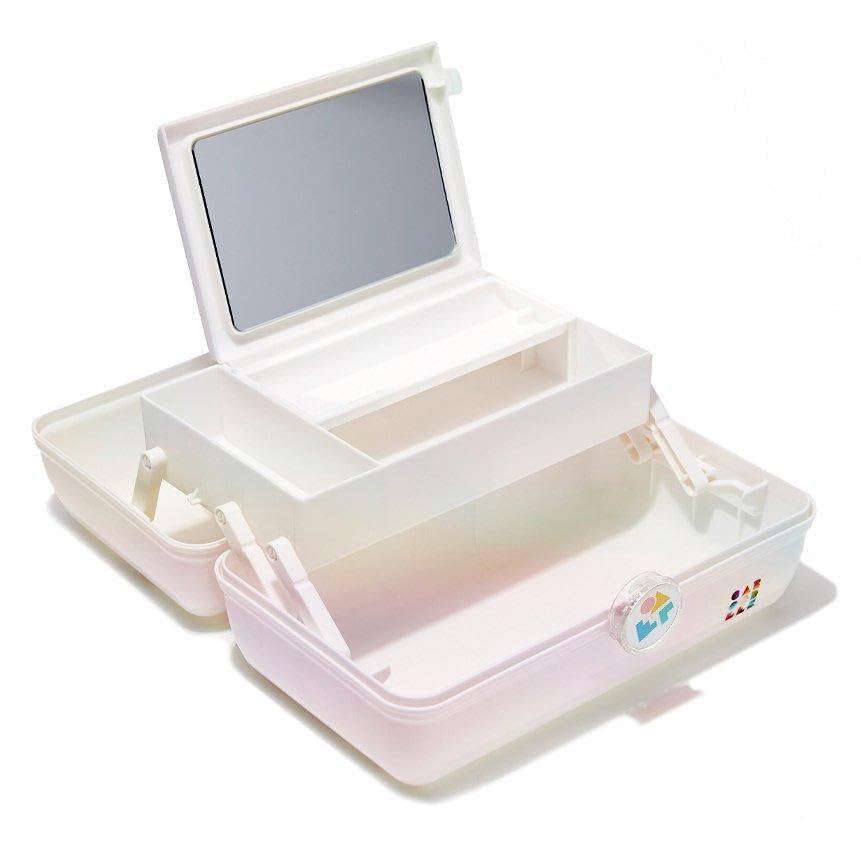 Caboodles On-The-Go Girl Makeup Box, White Opal, Hard Plastic Makeup Organizer Box, Built-In Mirror, Secure Latch for Safe Travel, Spacious Storage for Large Items