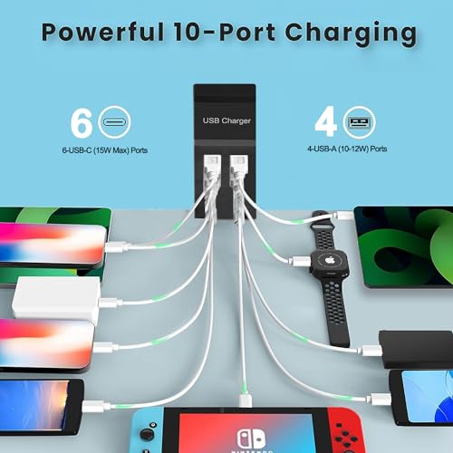 USB C Charger,10 Ports USB Charger Station with 6 Ports USB-C Charger, Desktop 50W Multi Port USB Charger Compatible with iPhone/Huawei/LG/Google Pixel/Tablet/Other Devices.(Black)