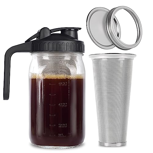 NFFTYUUT Cold Brew Mason Jar iced Coffee Maker, Durable Glass, 32 oz -1 Quart, With Handle& Stainless Steel Filter for Iced Brew Coffee, Lemonade, Ice Tea, Homemade Fruit Drinks Container