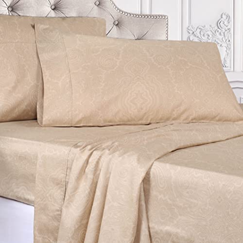 Superior 600 Thread Count Cotton Blend Bed Sheet Set, Italian Paisley Design, Includes 1 Fully Elastic Deep Pocket Fitted Sheet, 1 Flat Sheet, 2 Pillowcases, Sateen Weave, California King, Dark Grey