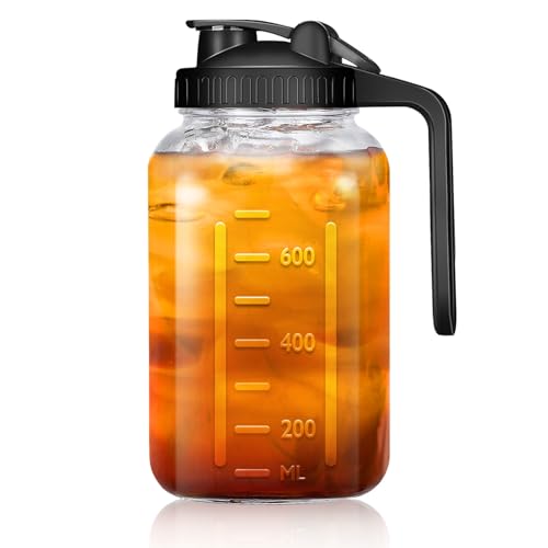 Wide Mouth Mason Jars 32 oz with Pour Spout Lids, SNGKMSYG 1 Quart Glass Pitcher with Lid, Double Leak Proof Breast Milk Pitcher for Fridge, Coffee, Water, Iced Tea (Black, 32oz, 1 Pack)