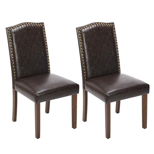 Sweetcrispy Dining Chairs Set of 2, Upholstered Leather Kitchen Room Chairs Mid Century Modern High-End Dining Room Side Chairs with Nailhead Trim and Wood Legs for Bedroom, Living Room, Brown