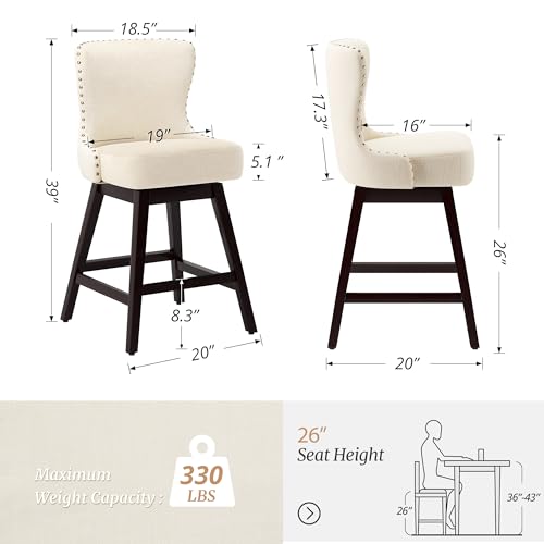 Cozyman Counter Height Bar Stools, 30" H Swivel Bar Stool with Back, Linen Fabric Counter Stool, Solid Wood Legs, Retro Upholstered Barstools for Kitchen Island, Home Bar, Pub, Beige