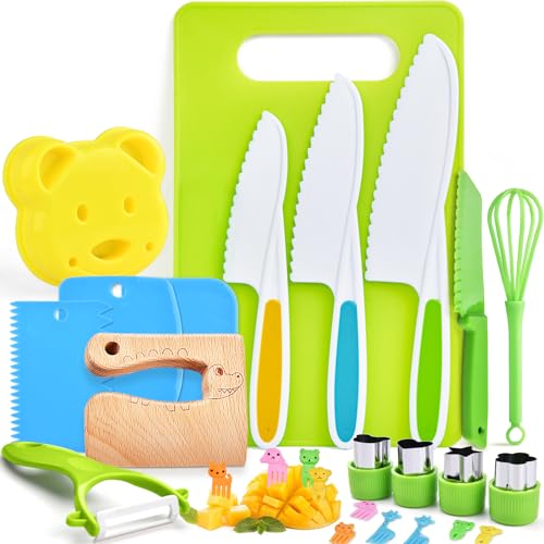 Hilsoeet 26PCS Kids Knives for Real Cooking, Wooden Kids Kitchen Knife Set Include 4 Serrated Edges Plastic Toddler Knives, Cutting Board, Y Peeler, Egg Beater, Toddler Food Picks and Cream Scraper
