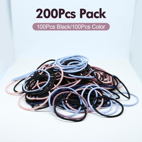 200Pieces Hair Ties, Non-Metallic Hair Elastic Hair Ties tail holders, Women's and Girls' tail Hair Ties，hairtieshair ties bulk，tails hair ties (100Pieces Black, 100Pieces Colorful, 2MM)