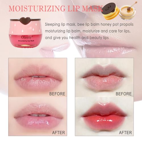 Deepmind 2 PCS Bee Lip Balm Lip Mask Honey Pot, Honey & Strawberry Lip Mask Propolis Moisturizing Lip Balm with Stick - Hydrating Prevention Dry and Cracked Lip Scrubs Exfoliato Lip Wrinkle Care