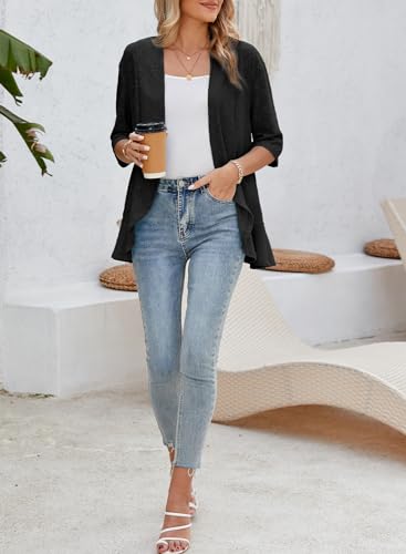 Sidefeel Lightweight Summer Cardigan for Women Spring Fashion 2024 Knit Ruffle Half Sleeve Kimono Cardigans Sweaters Black Small