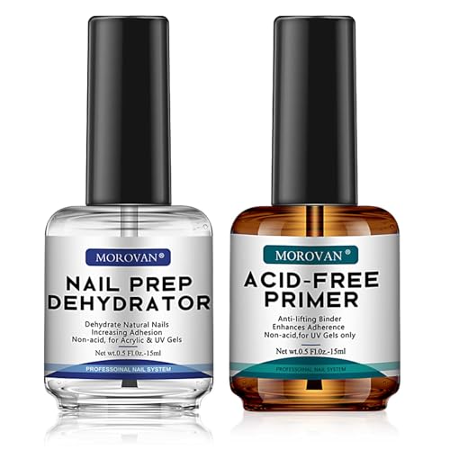 Morovan Professional Natural Nail Prep Dehydrate and Acid-Free Primer, Dehydrator for Acrylic and Gel Nail Polish, Non Acid Primer for UV Gels Fast Dry Superior Bonding Agent Gift Box Set